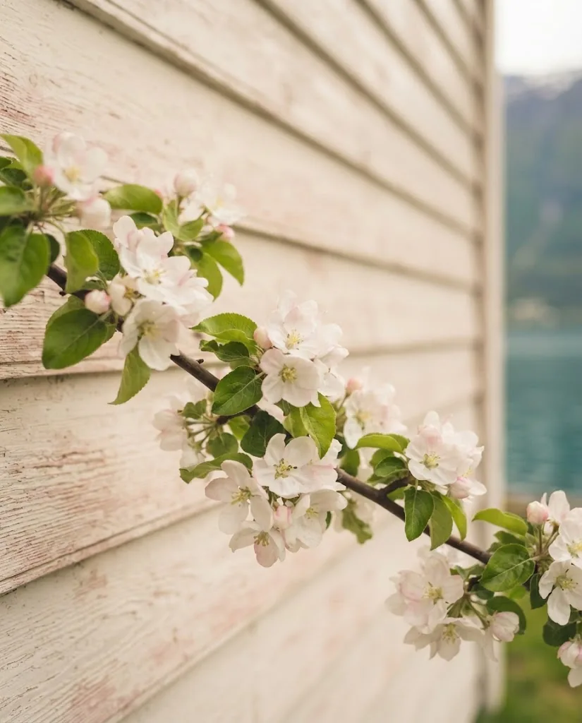 Artist's impression of an apple branch in blossom against a white timber wall, with the blue fjord behind