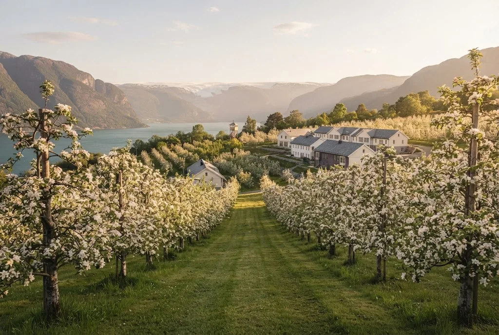 Artist's impression of the planned resort seen at eye level from a path between rows of apple trees