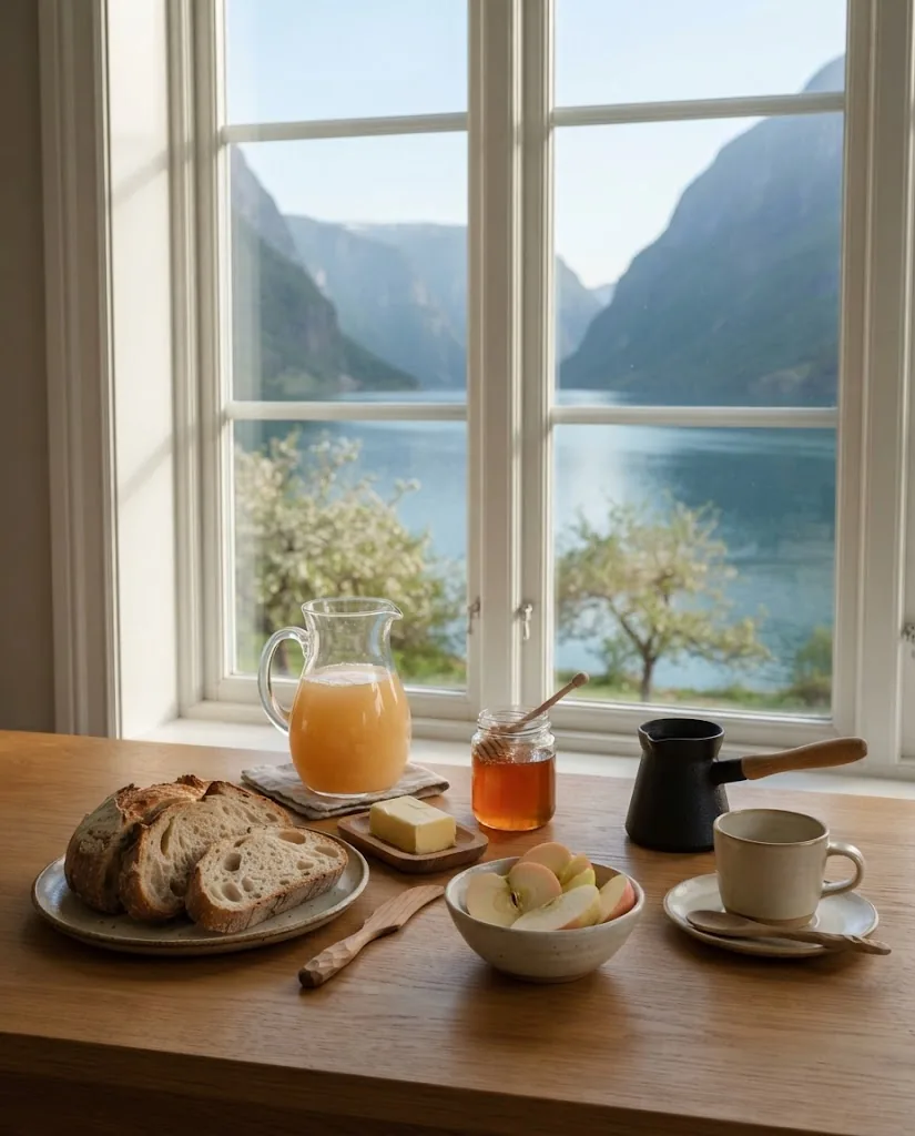 Artist's impression of breakfast by a window: apple juice, bread, honey and apples