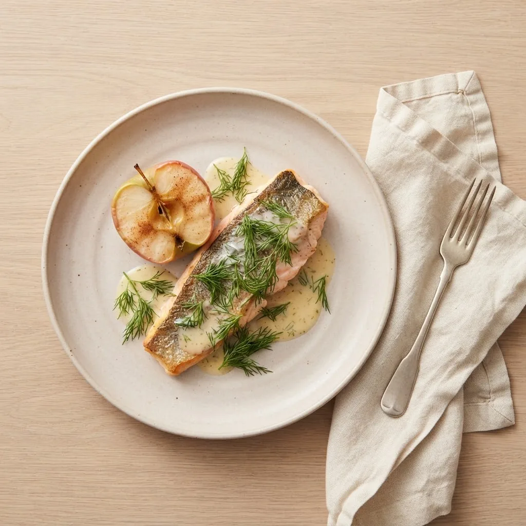 Artist's impression of a plate of fjord trout with a baked apple and herbs