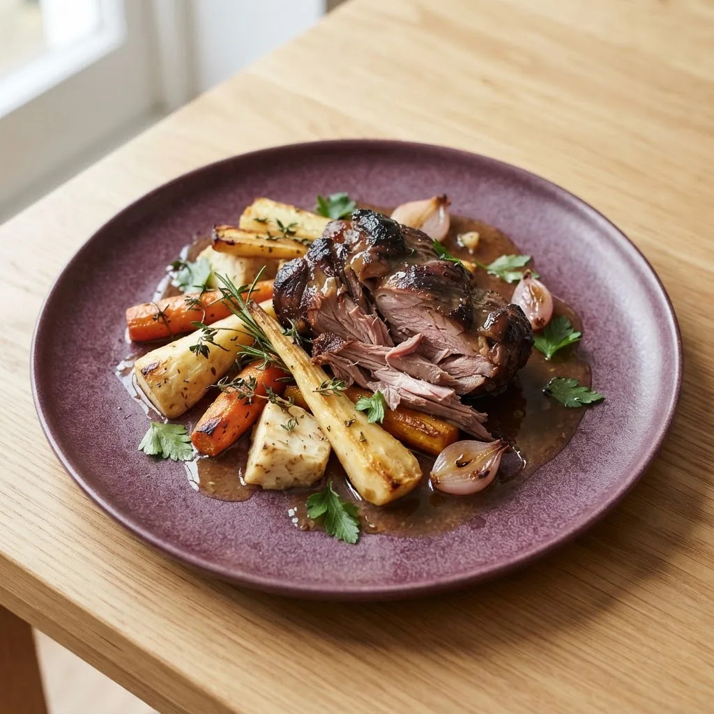 Artist's impression of a plate of lamb with root vegetables and apple sauce