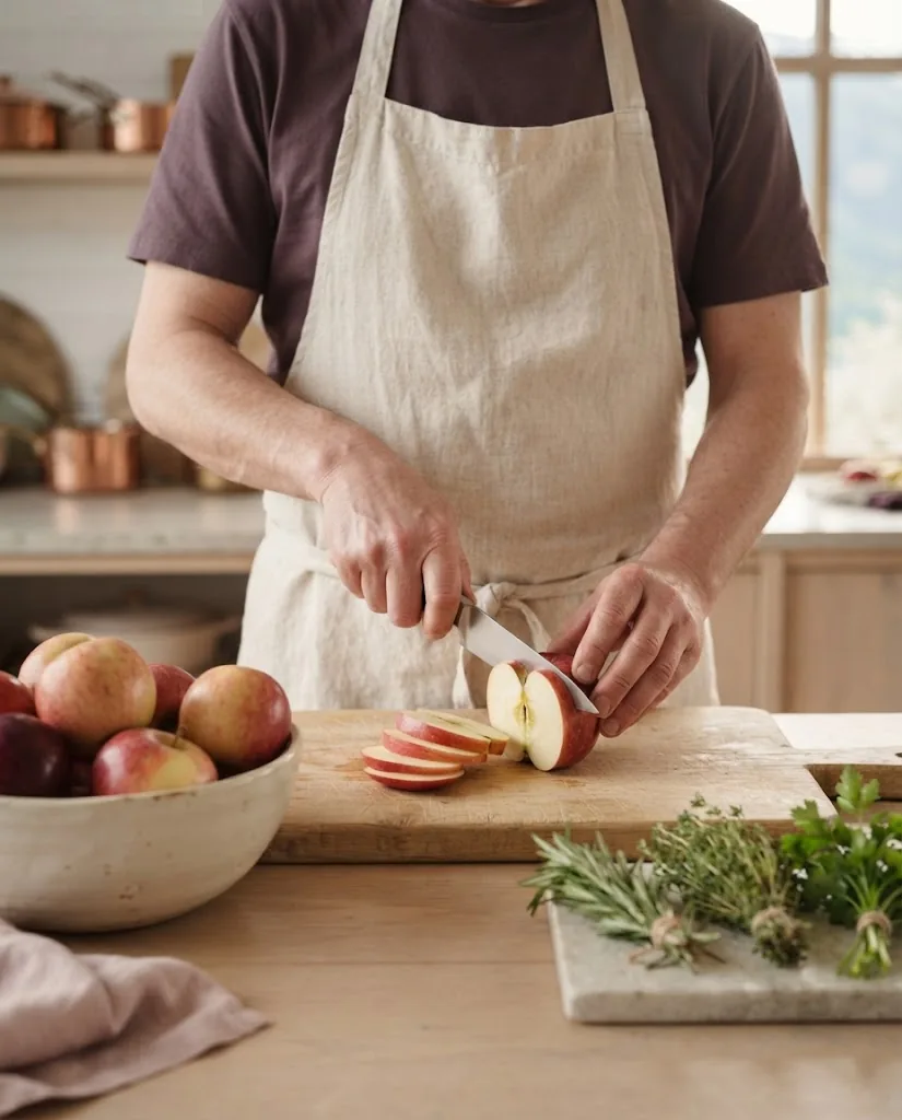 Artist's impression of the open kitchen: a cook's hands at a board of apples and fresh herbs