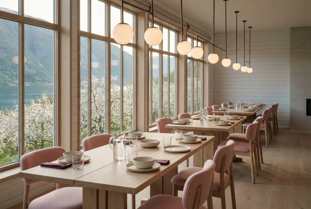 Artist's impression of the planned restaurant: long tables of pale timber by tall windows onto the fjord and the orchards in blossom