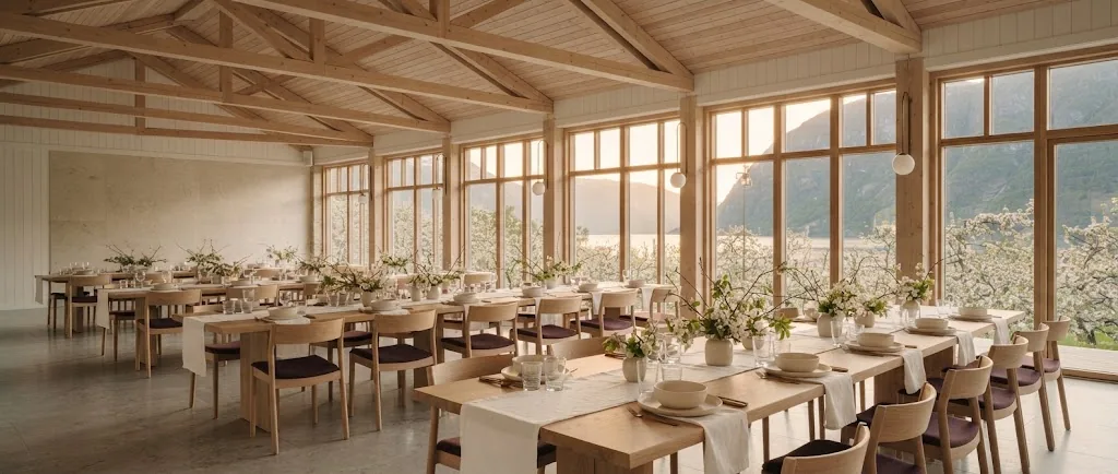 Artist's impression of the planned banquet hall under timber trusses, with long tables and windows onto the fjord and orchards