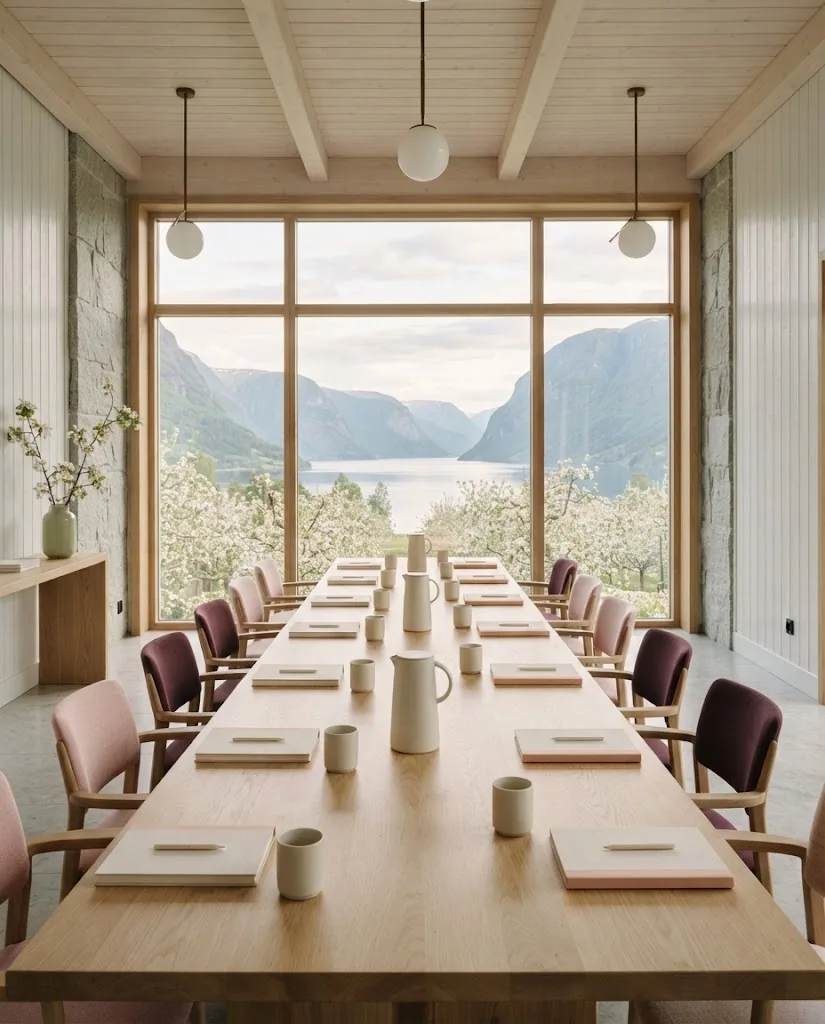 Artist's impression of a meeting room with a long table and a view of the fjord