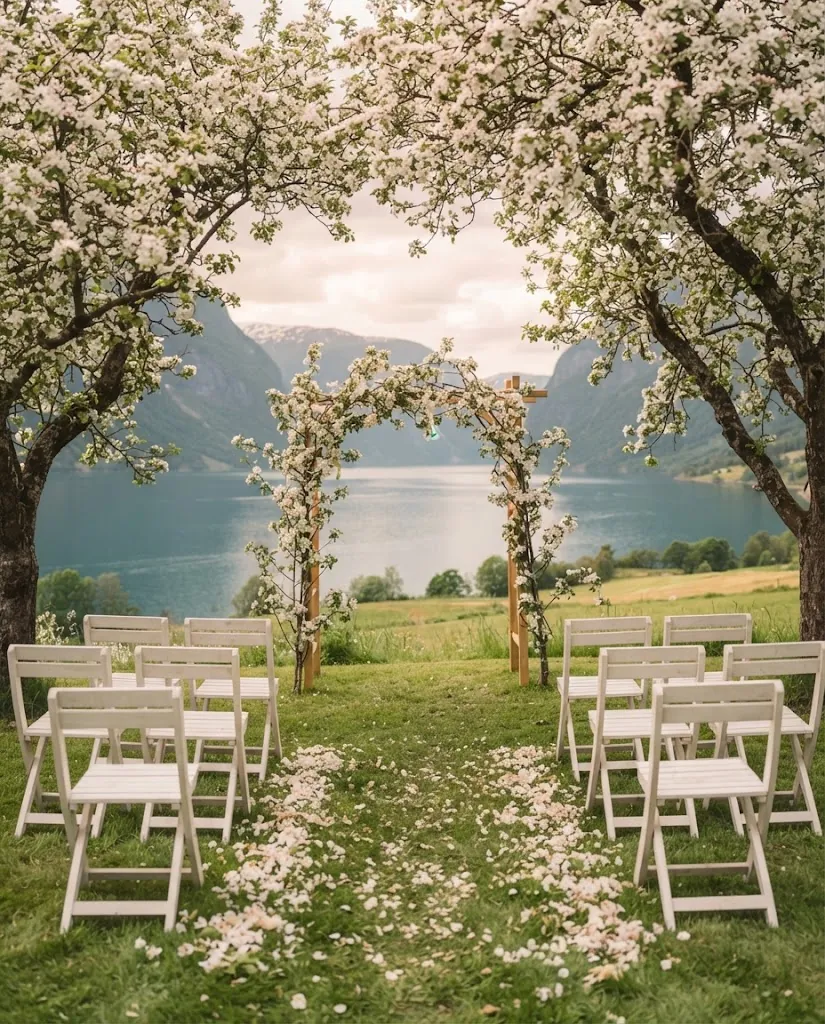Artist's impression of an empty wedding ceremony set up under apple trees in blossom
