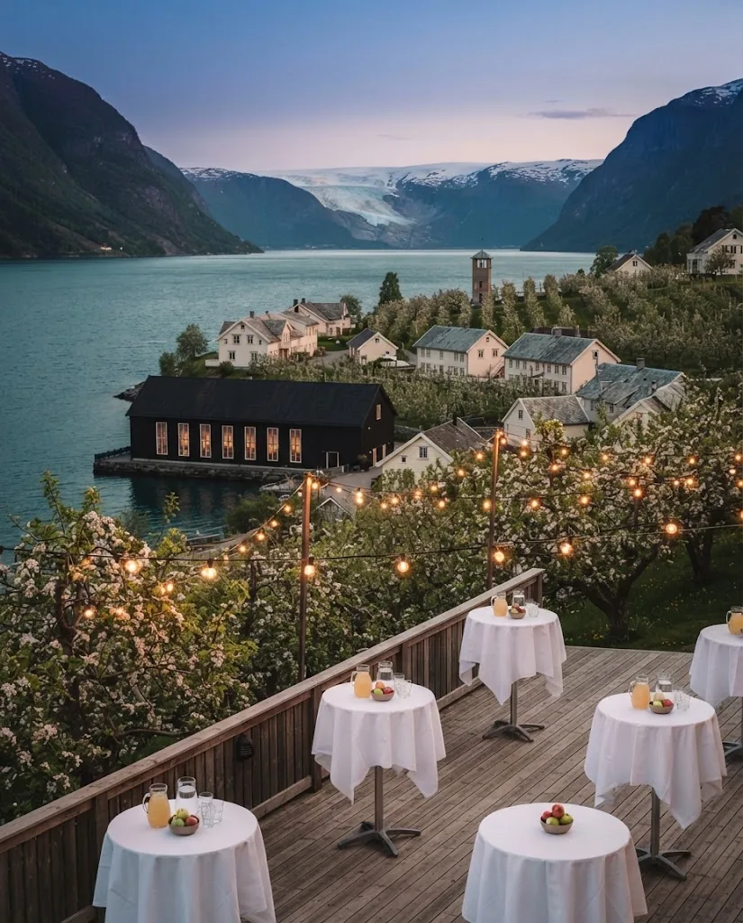Artist's impression of a reception terrace above the fjord in the evening, with string lights and small tables