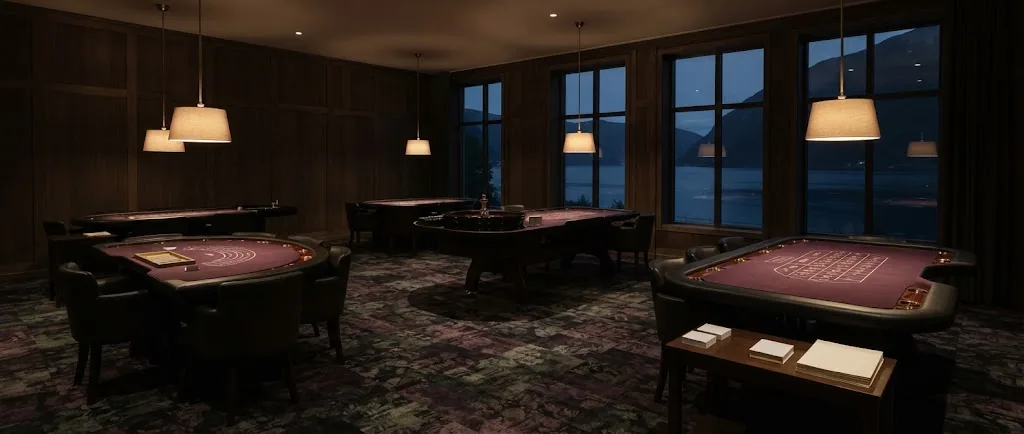 Artist's impression of the planned hotel casino lounge, with plum-coloured gaming tables, timber panelling and windows onto the fjord at night