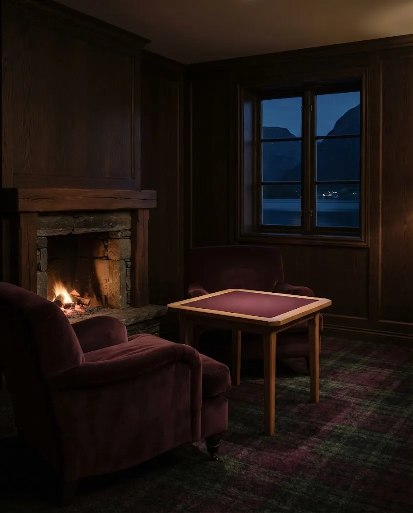 Artist's impression of a private salon with a fireplace, armchairs and one gaming table