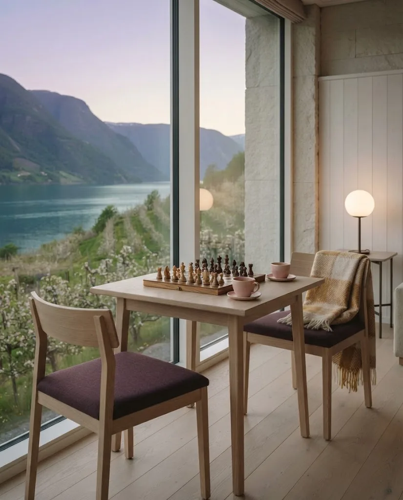 Artist's impression of a chess table by a window, with wooden pieces and two cups