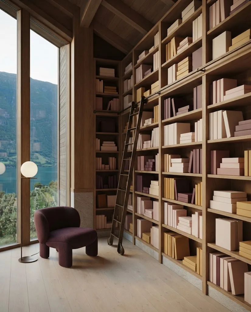 Artist's impression of the puzzle library: tall shelves of plain game boxes and books, a library ladder and a plum armchair by the window