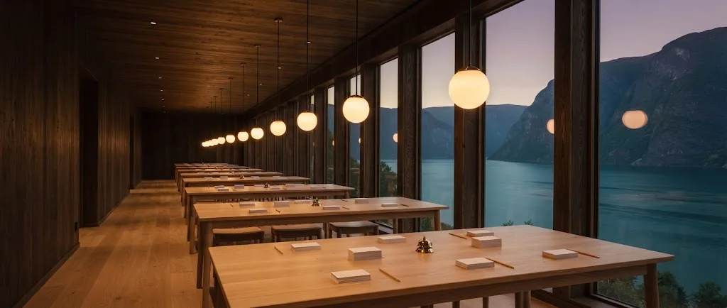 Artist's impression of Kvasir's Hall: a long dark-timber room with quiz tables set with blank answer cards, glass lamps and windows onto the fjord