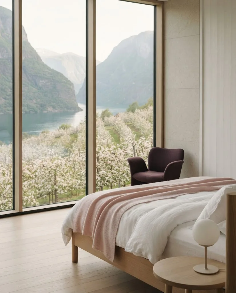 Artist's impression of a planned guest room with a panoramic window onto the fjord and orchards in morning light