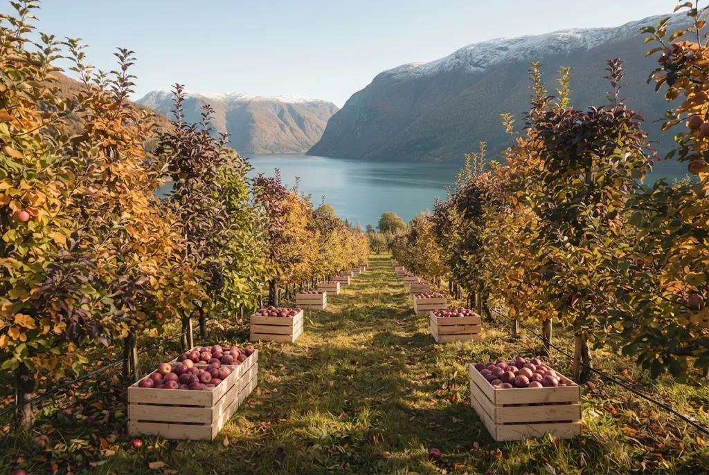 Artist's impression of wooden crates of red apples between the orchard rows in autumn