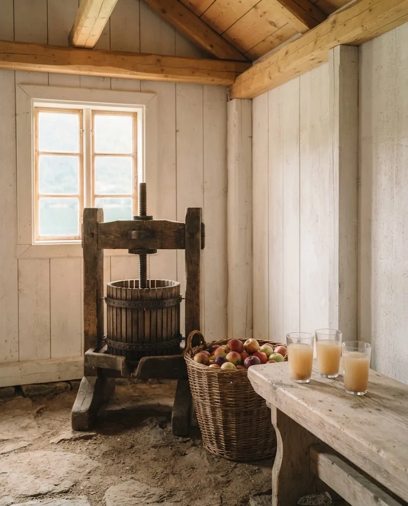 Artist's impression of an old wooden apple press with glasses of apple juice and fresh apples