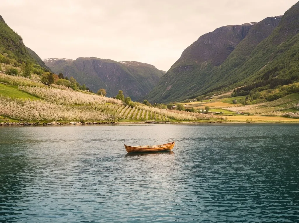 Artist's impression of a boat on the calm fjord between mountains