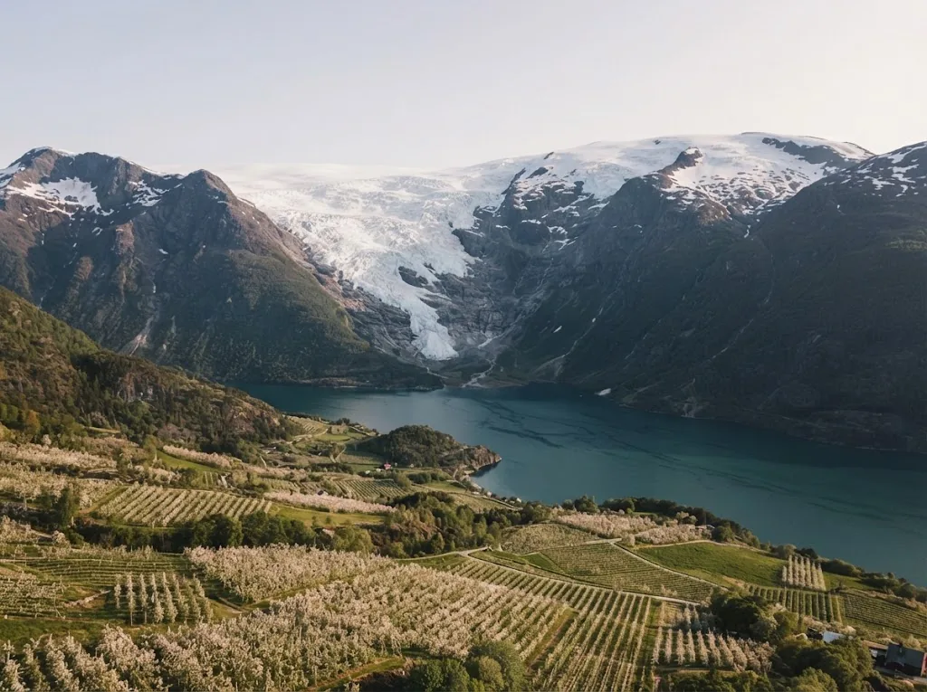 Artist's impression of the Folgefonna glacier above the fjord