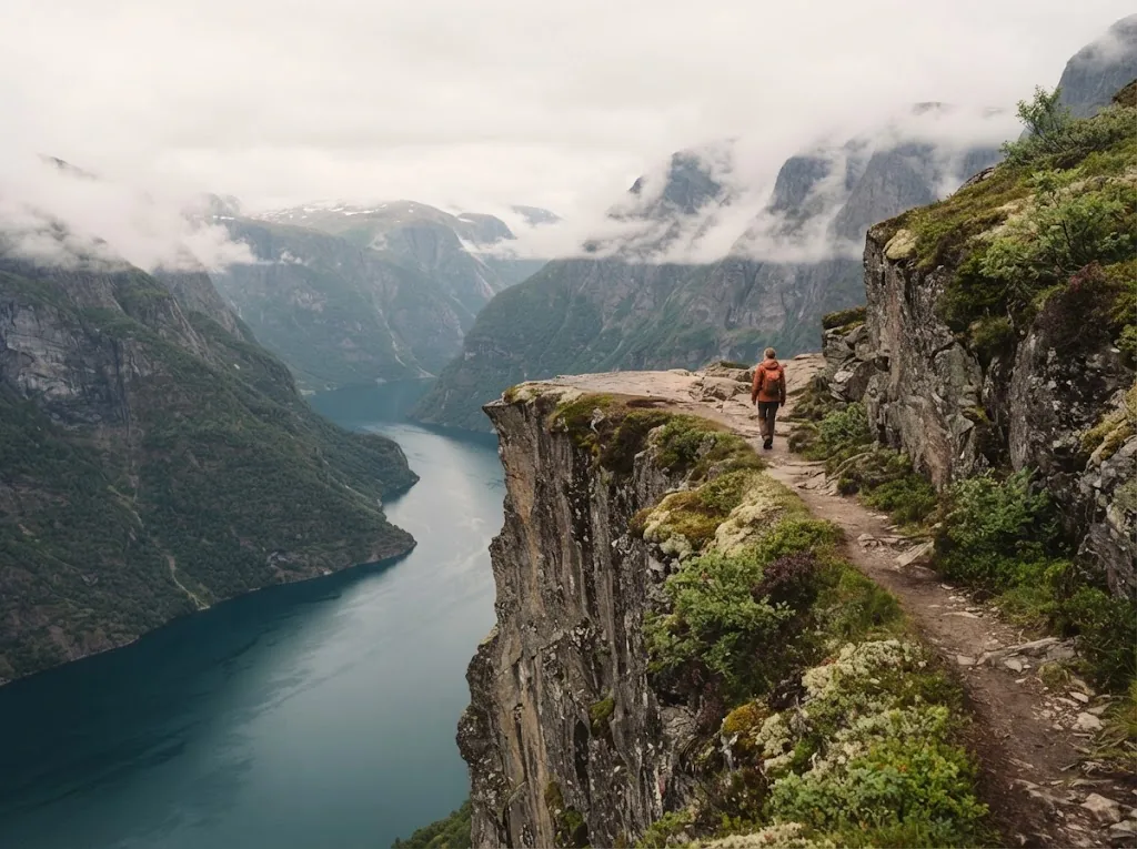 Artist's impression of a path along a cliff above the fjord, with a small figure seen from behind