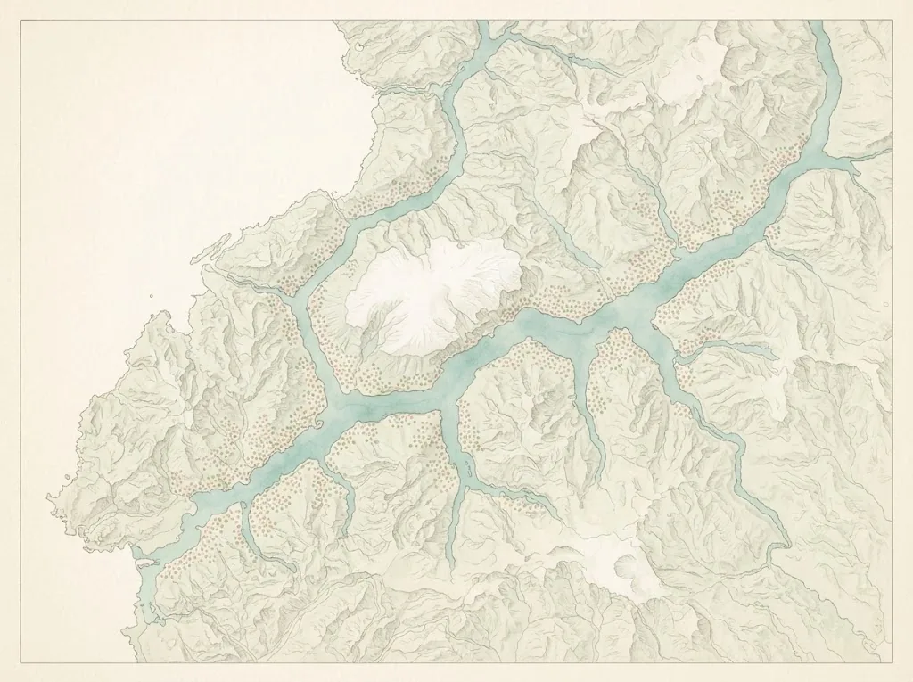 Artist's impression of an illustrated map of Hardanger, with the fjord, mountains, glacier and orchards