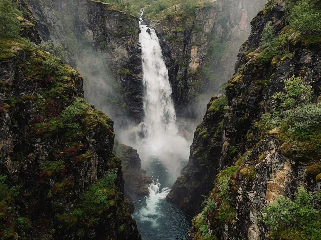 Artist's impression of a tall waterfall in a narrow gorge
