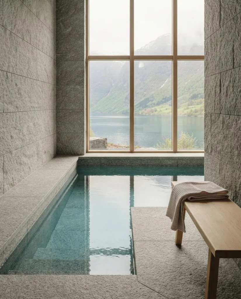 Artist's impression of a cold plunge pool of clear glacier water set in stone