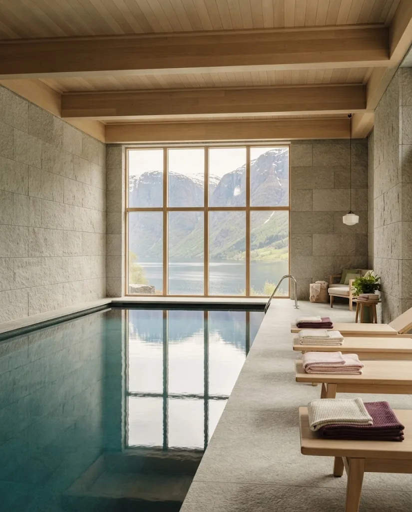 Artist's impression of the indoor pool in pale timber and stone, with a view of the fjord