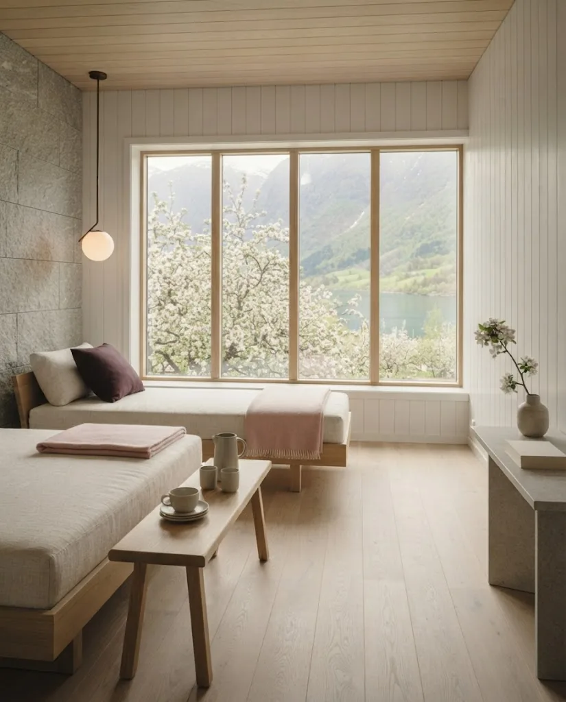 Artist's impression of a quiet relaxation room with loungers and a view of the orchards