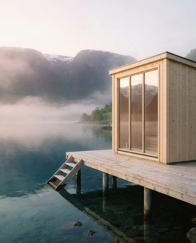 Artist's impression of a sauna on the water with a window onto the fjord